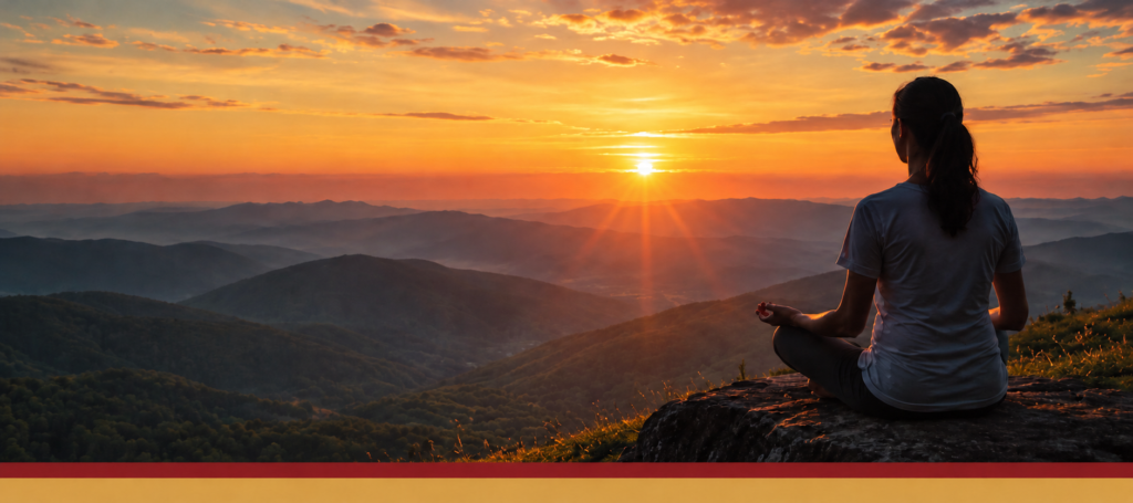 Meditation overlooking mountain ridges at sunrise